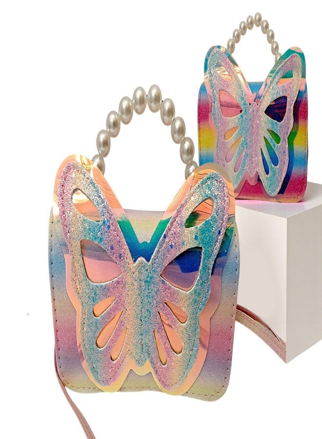 TECHNOCHITRA Fashion Sparkle Butterfly Sling Bag for Kids Girls | Glitter Purse with Pearl Handle and Adjustable Belt| Cute & Handy Multipurpose Pouch - Image 1